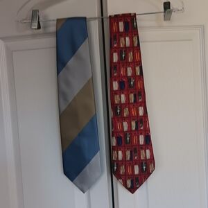 Lot Of 2 Ermenegildo Zegna Wide Blue and Tan Striped And Whimsical Towels On Tie